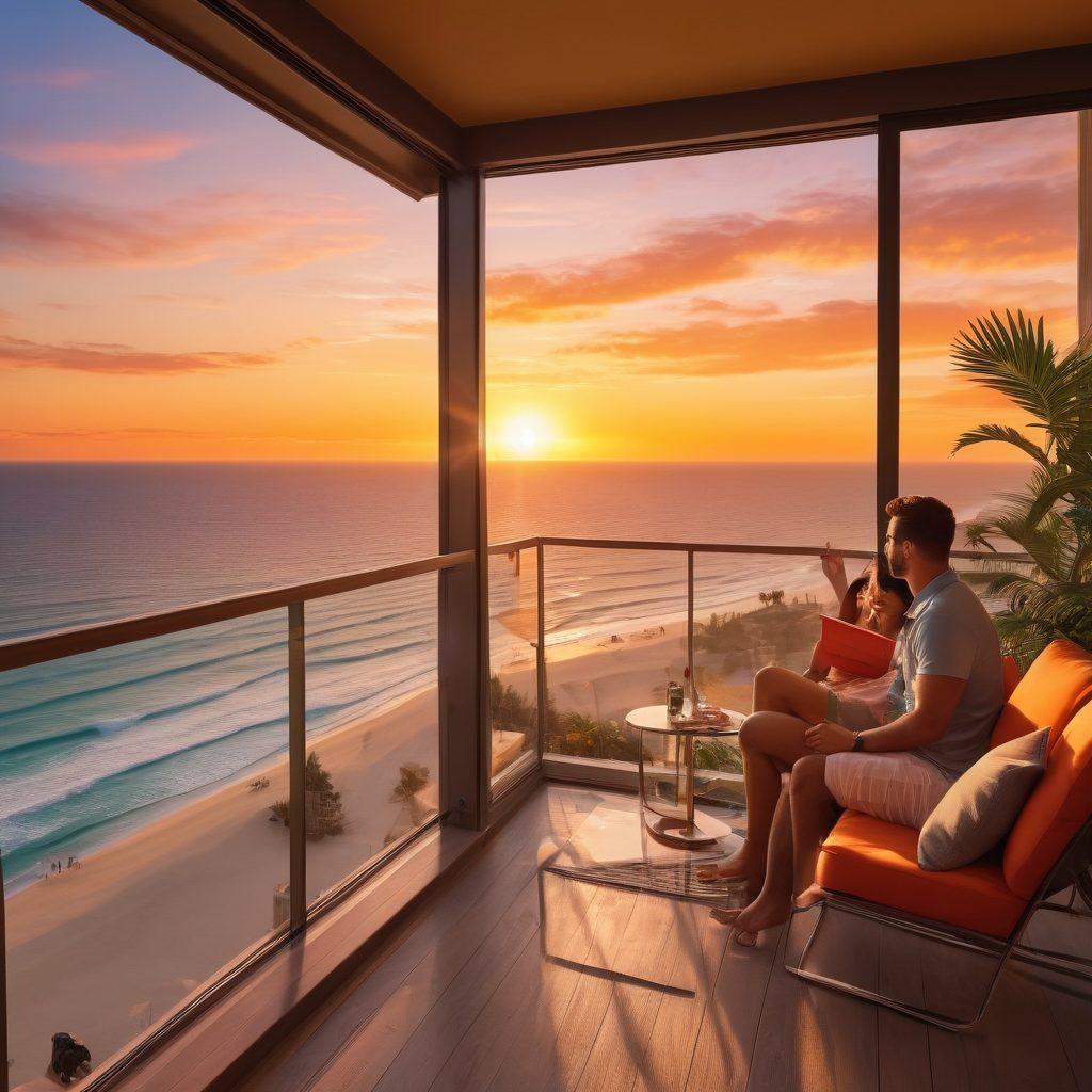 A picturesque scene featuring a cozy, modern guest apartment overlooking a serene beach, with a smiling couple reviewing a travel guide on a stylish balcony. In the background, vacationers enjoy a vibrant sunset, palm trees swaying gently in the breeze. Super-realistic. Warm, vibrant colors.