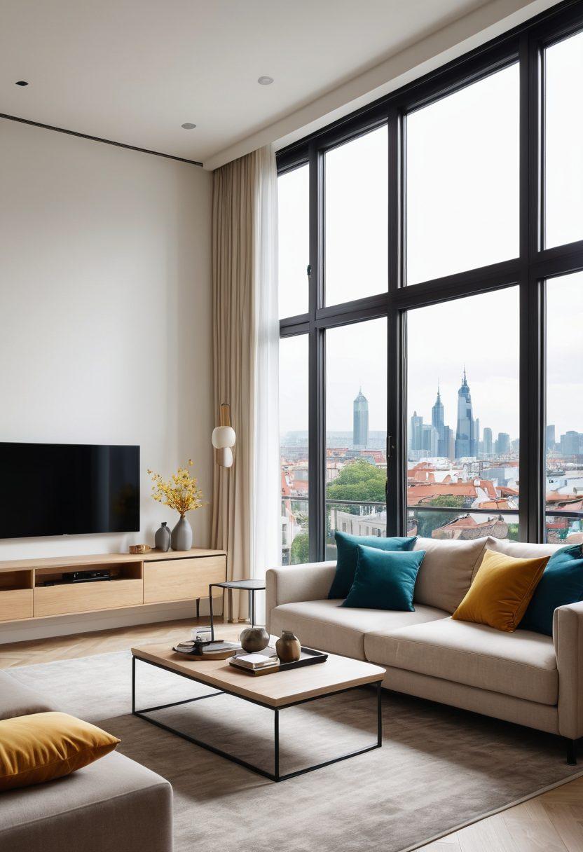 A beautifully decorated modern serviced apartment featuring stylish furnishings, large windows with a scenic city view, and cozy decor. Highlight a mix of elegant vacation homes, showcasing diversity in architecture and interior design. Capture a sense of relaxation and luxury. Super-realistic. Vibrant colors. White background.