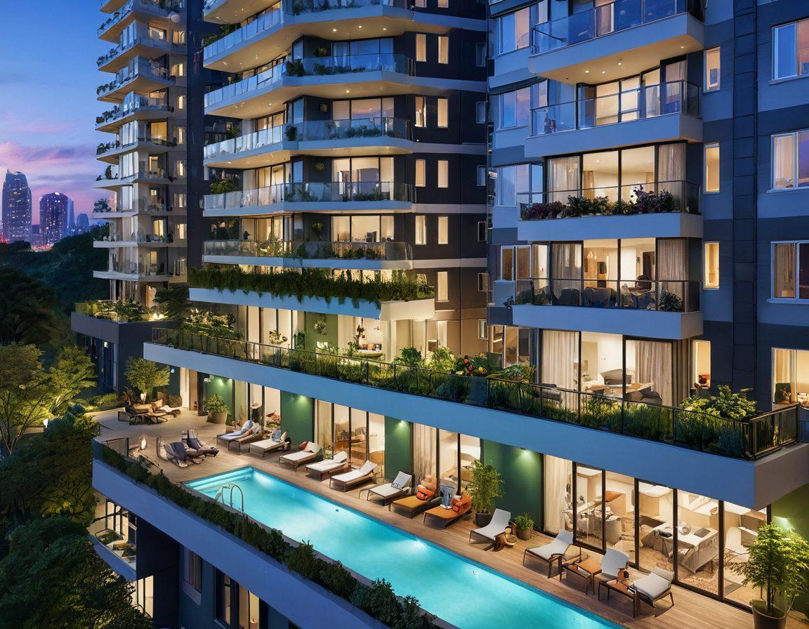 A bustling cityscape with a mix of modern high-rise apartments and charming holiday homes. People are seen moving in and out with luggage, depicting the transition from temporary stays to long-term living. Bright and welcoming entrance lobbies, cozy balconies overlooking scenic views, and lush green parks nearby. super-realistic. vibrant colors. urban vibe.